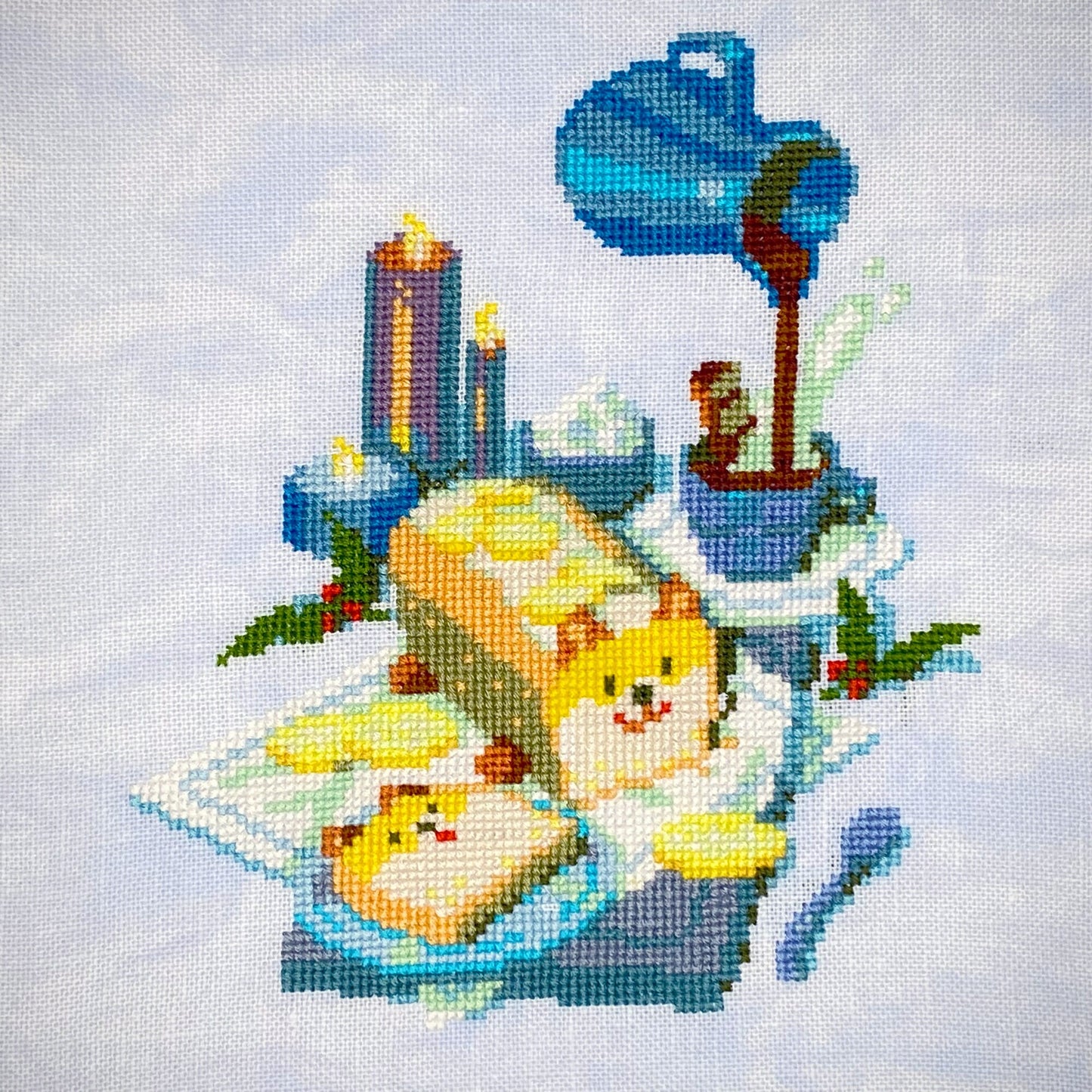 Winter breakfast cross stitch pattern - cute dog and lemon cake